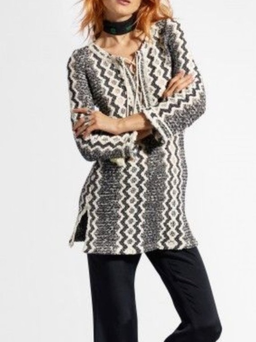 Calypso St. Barth Women's Cream & Black Knit Boho Tunic Tassel Tie M